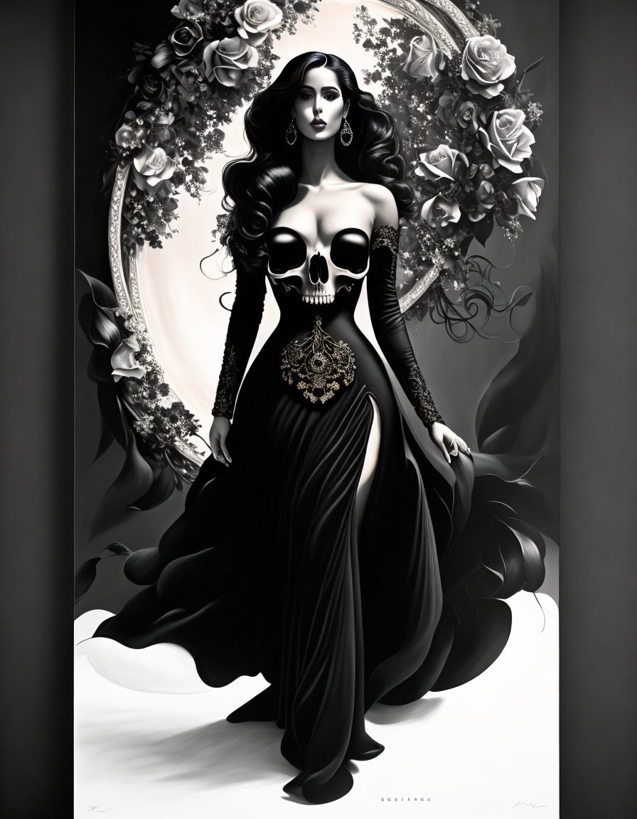 Woman with Skull Torso in Stylish Black Gown and Floral Accents