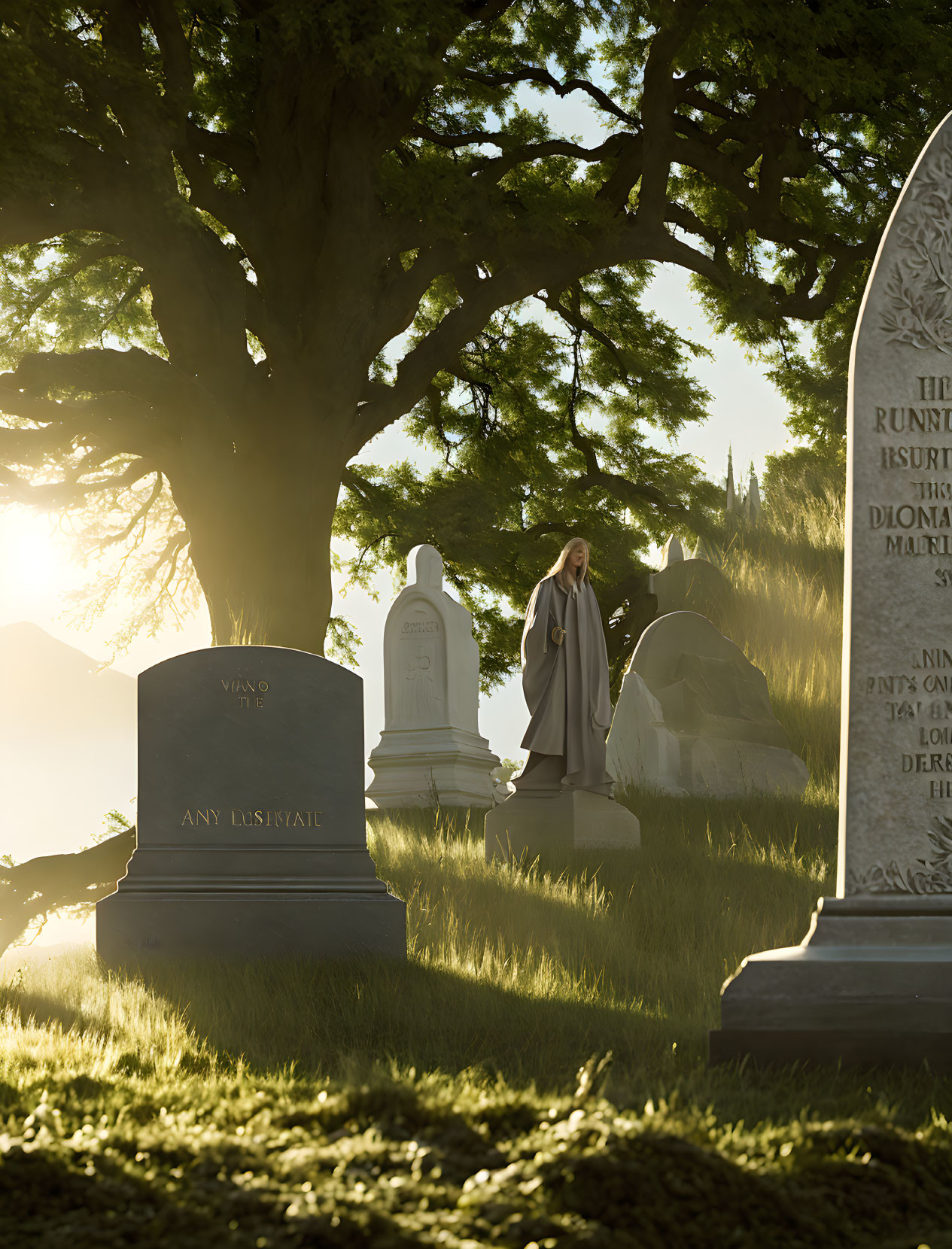 Sunrise scene in a cemetery with figure and tombstones