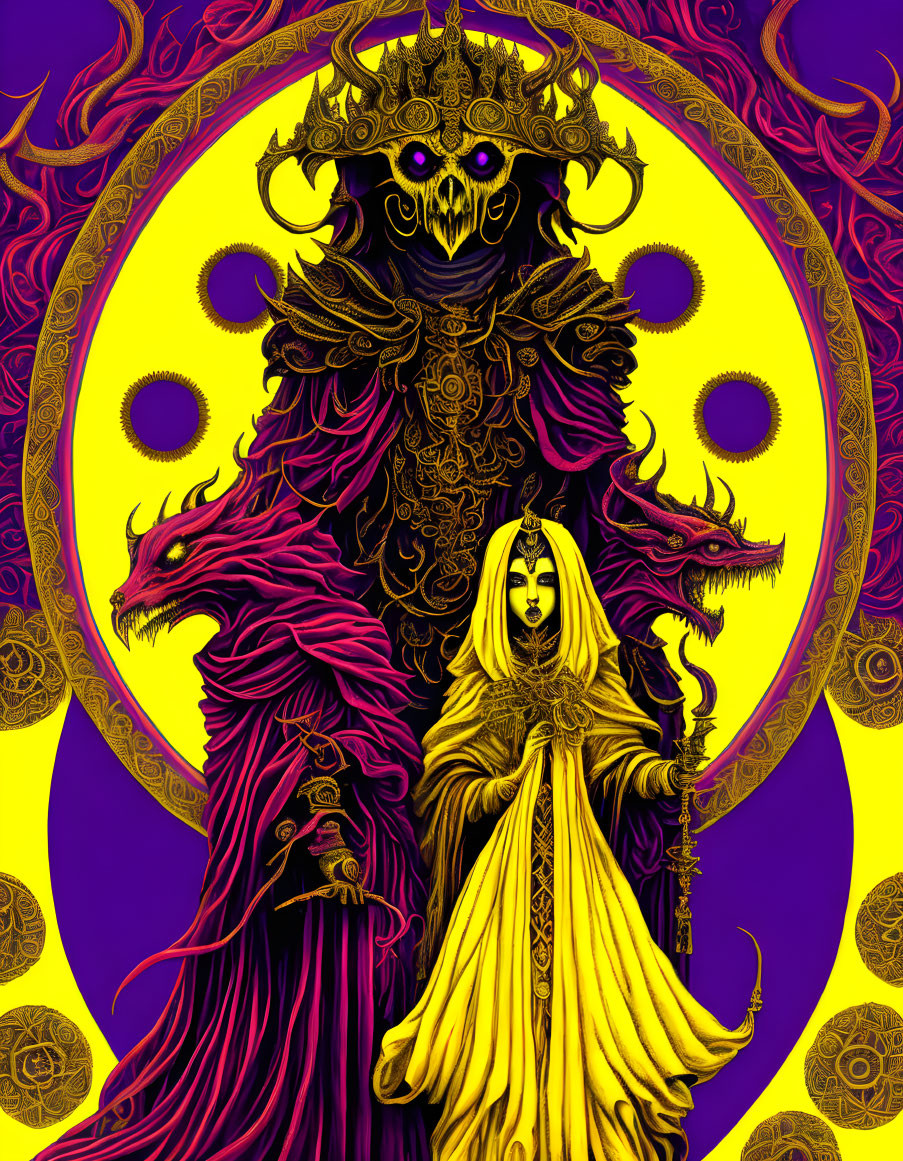 Vivid illustration of figure in golden robes with dark headdress, purple dragon, and circular backdrop.