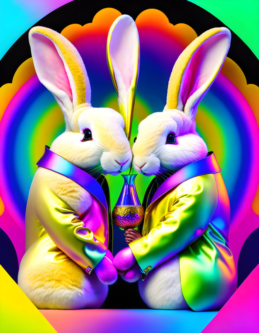 Colorful Stylized Rabbits Clinking Glasses on Rainbow Background