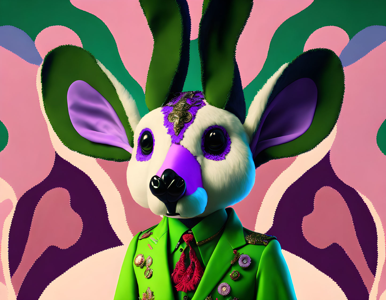 Colorful digital artwork: anthropomorphic creature in green jacket on psychedelic background