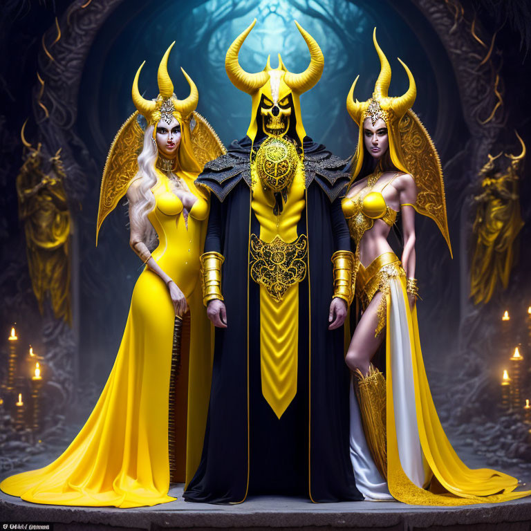 Three fantasy characters in yellow and black costumes with horns and wings in a candlelit chamber.