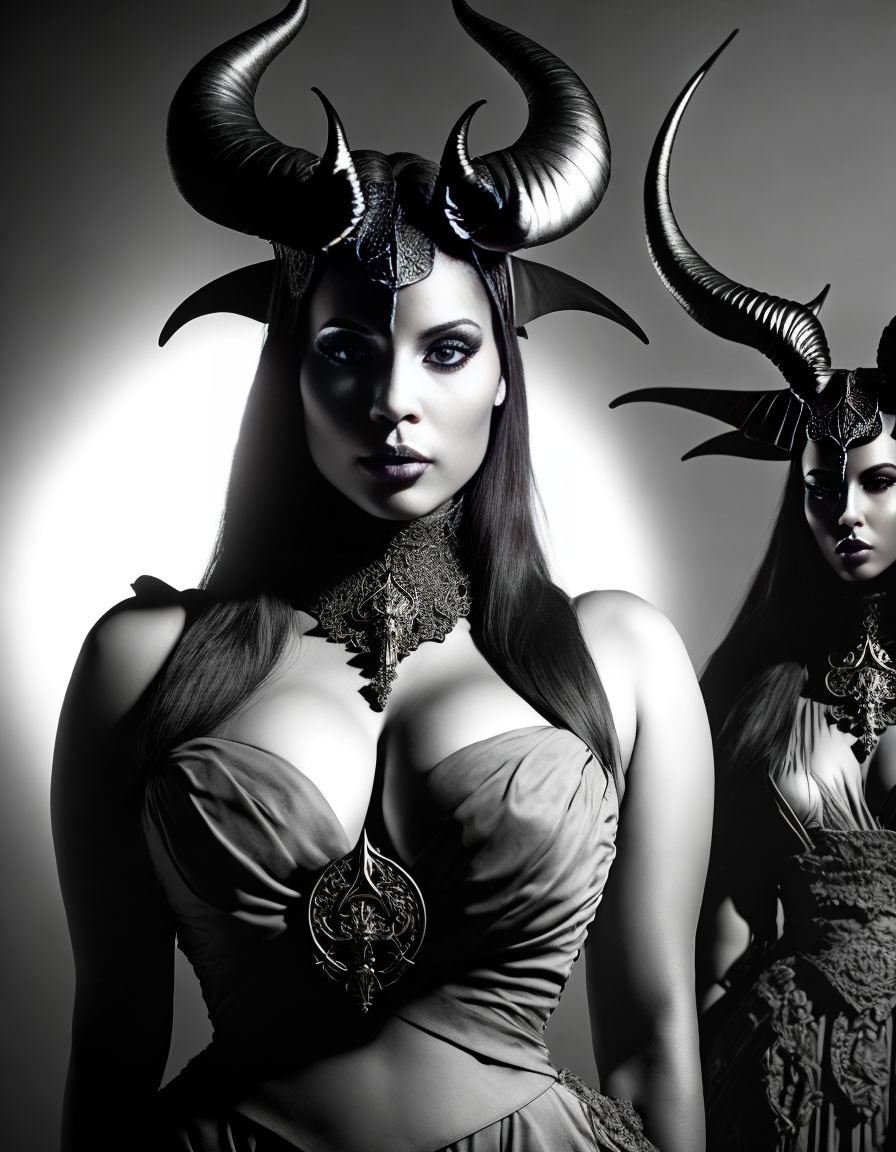 Two women in dramatic horned headpieces and dark attire against subdued background.