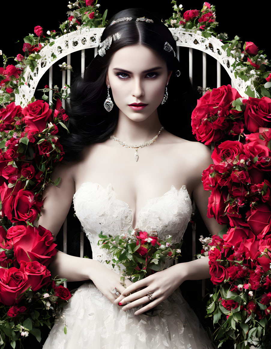 Bridal gown with red roses and white floral arch exudes elegance and gothic allure