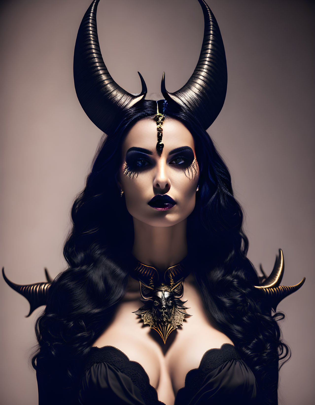 Dark makeup woman with large horns in black dress and golden necklace on light backdrop