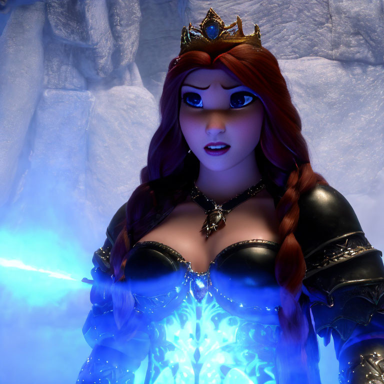 Red-haired animated female character in crown and armor in ice-themed setting