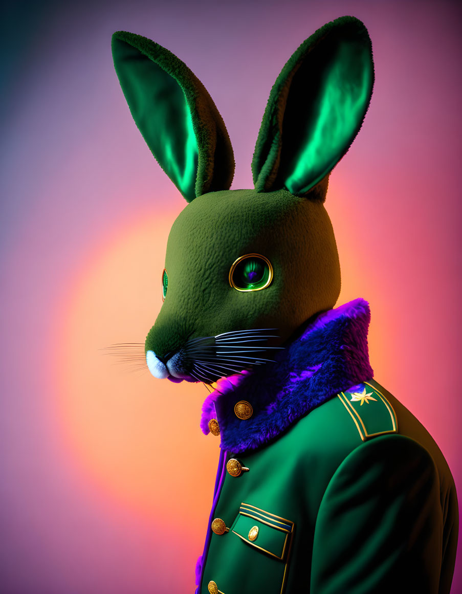 Anthropomorphic rabbit digital artwork in military-style jacket with vibrant background