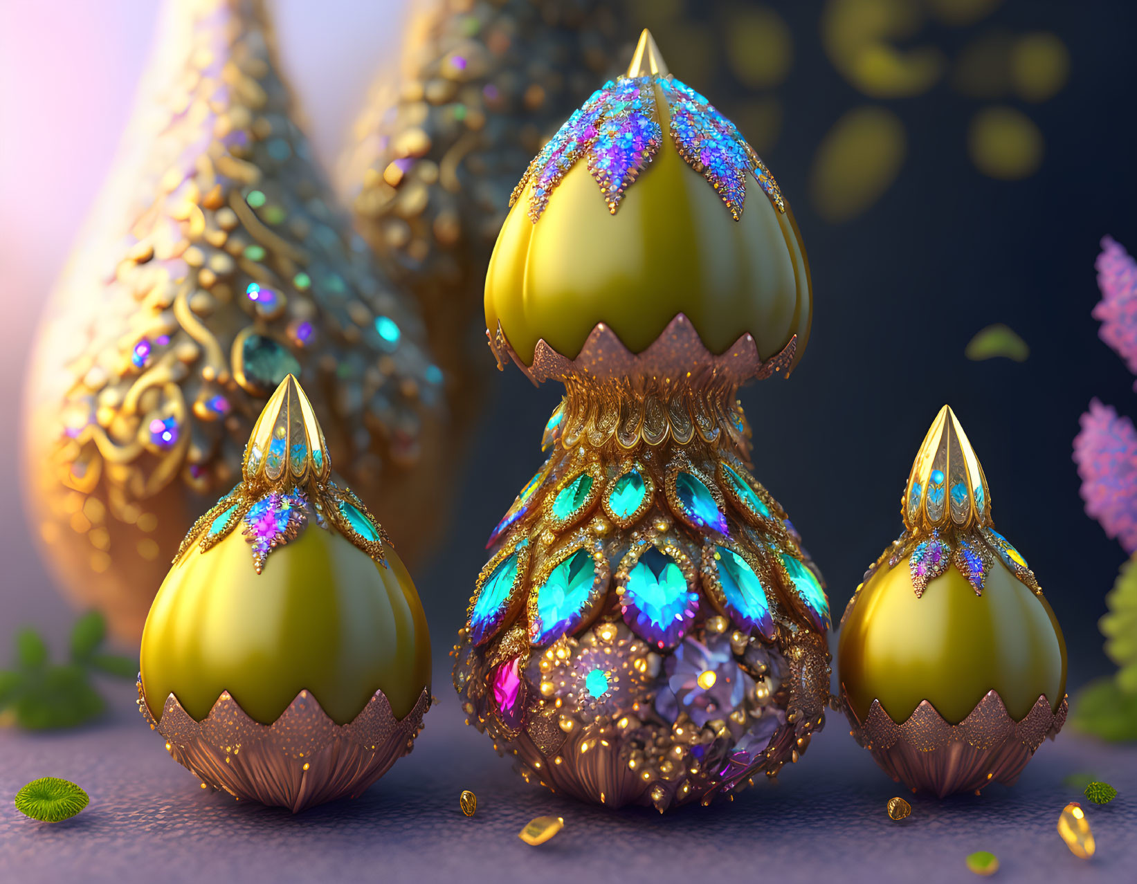 Three ornate golden perfume bottles with gemstones on purple background