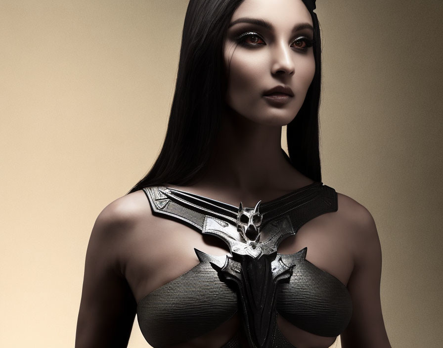 Dark-haired woman in futuristic bat-themed armor on beige background