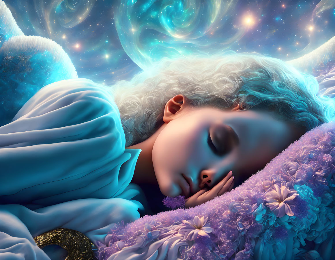 Illustration of sleeping person with curly hair among purple flowers and cosmic sky