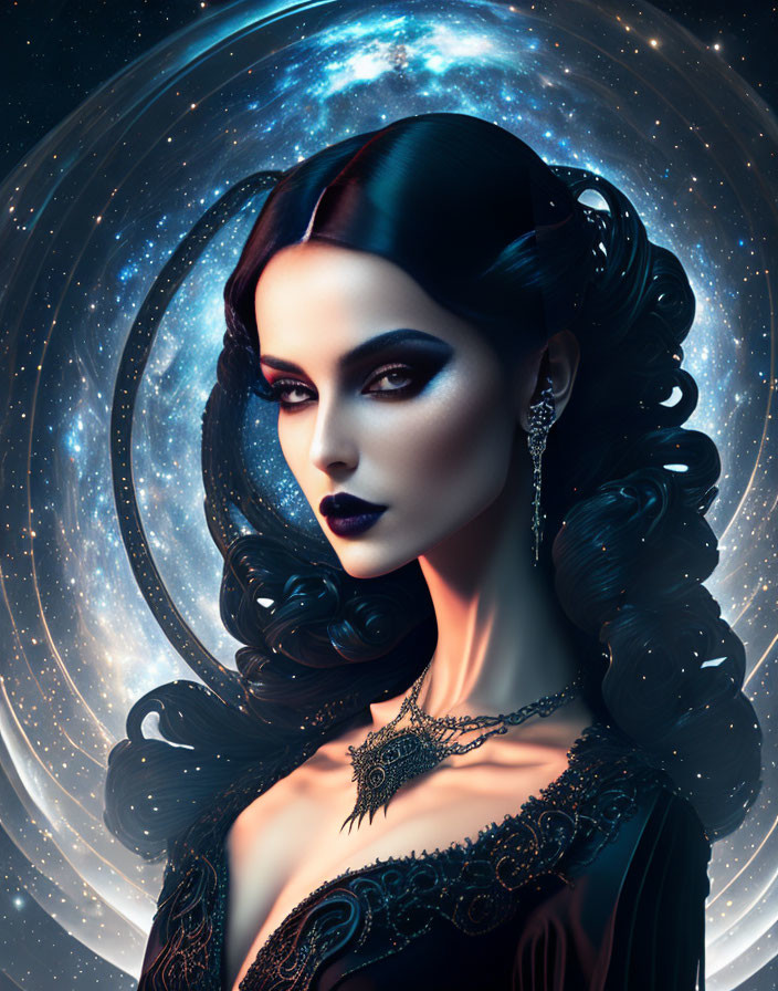 Dark-haired woman with cosmic backdrop and elegant jewelry