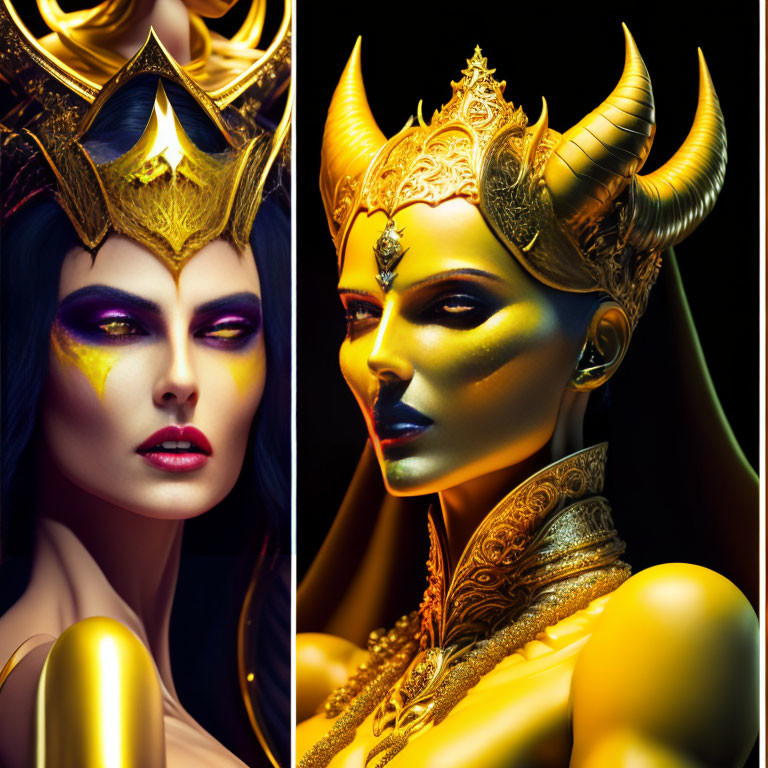 Stylized portraits of a person in elaborate fantasy makeup and headpieces, one in gold shades and