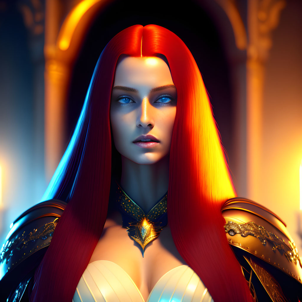 Digital Artwork: Woman with Red Hair & Blue Eyes in Gold Armor