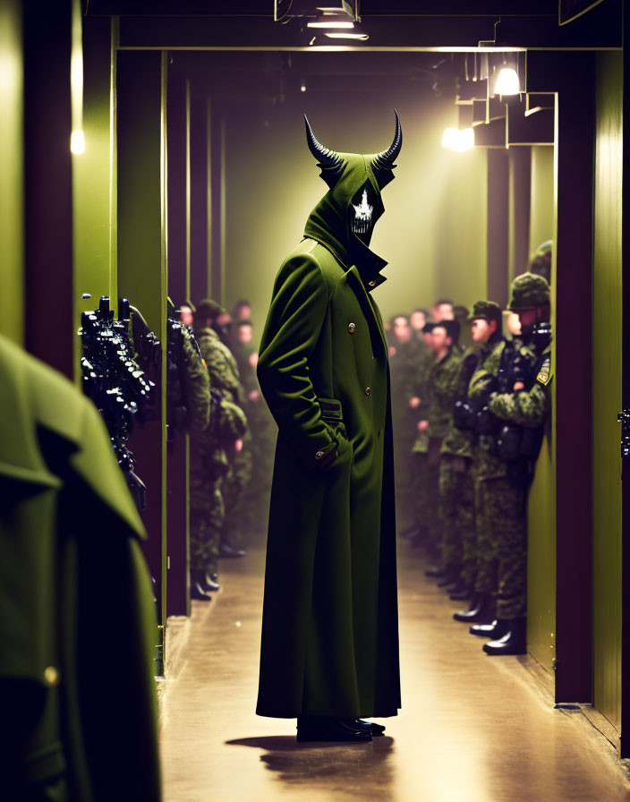 Person in Green Coat with Horned Mask Reflecting in Mirrors