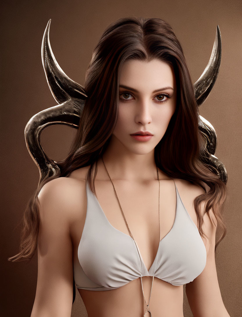 Digital artwork: Woman with long hair and horns in light-colored top on tan background