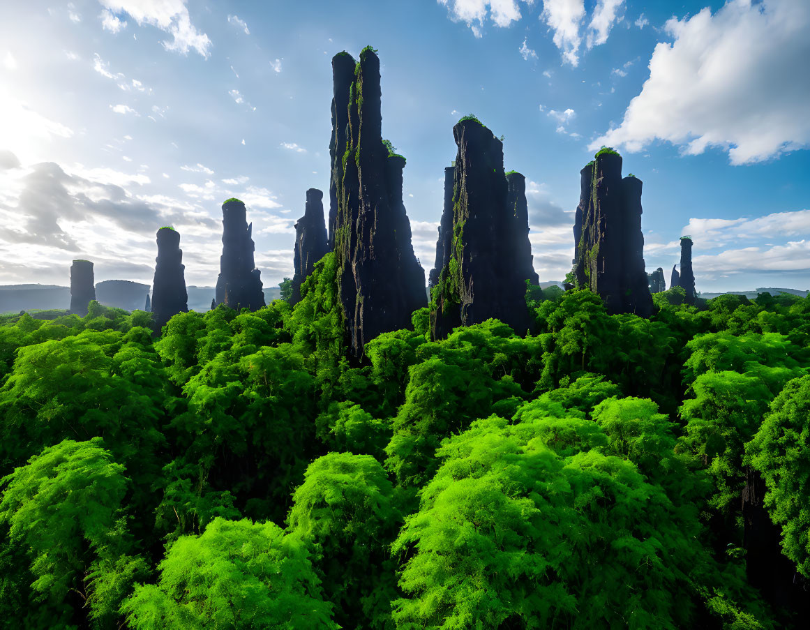 Majestic forest landscape with towering rock formations