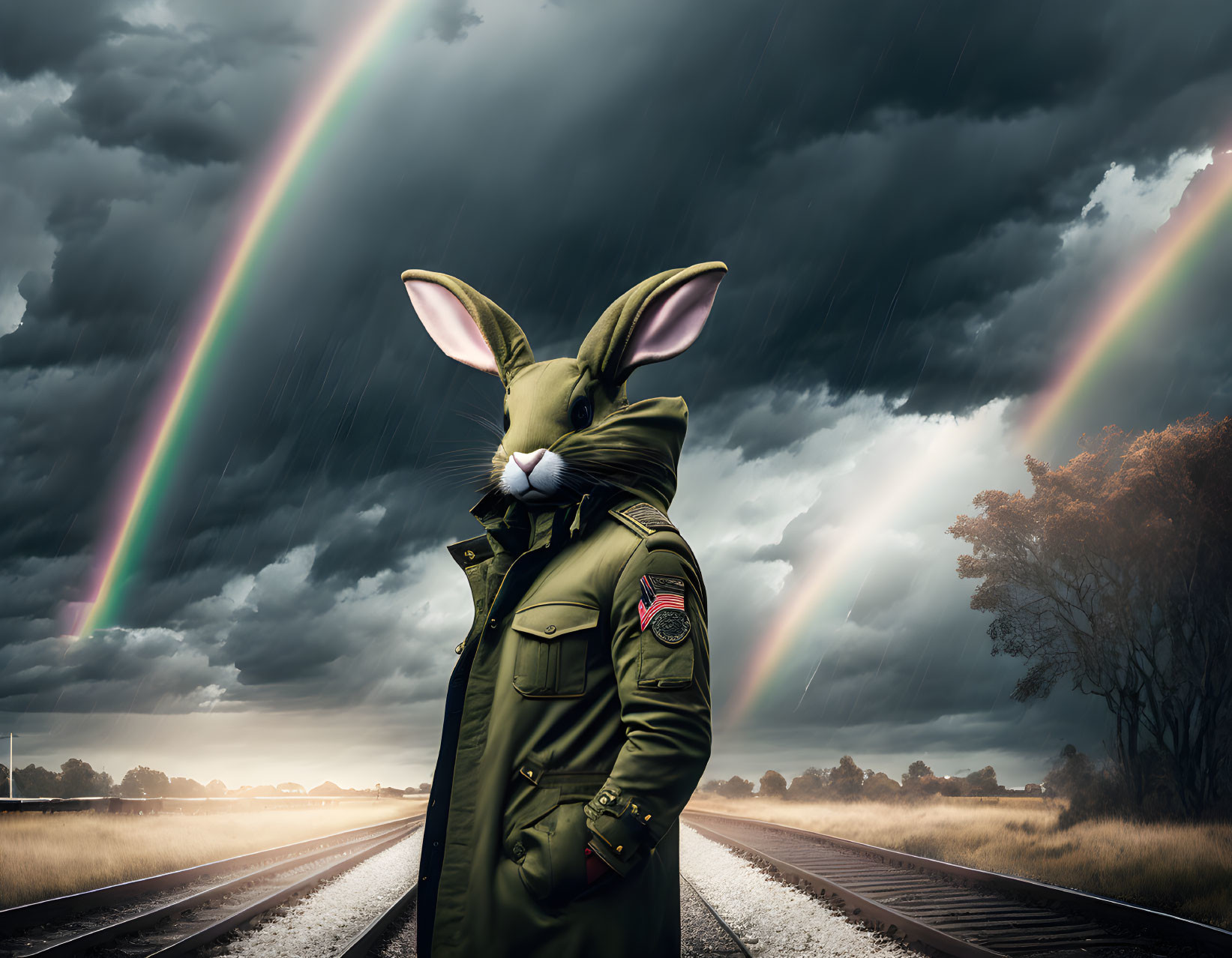 Humanoid rabbit in military jacket on train tracks under stormy sky with double rainbow