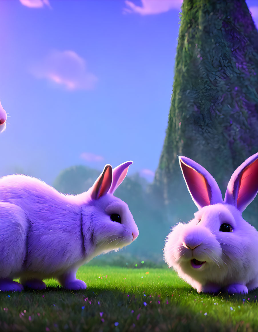 Vibrant twilight scene with animated rabbits in lush meadow