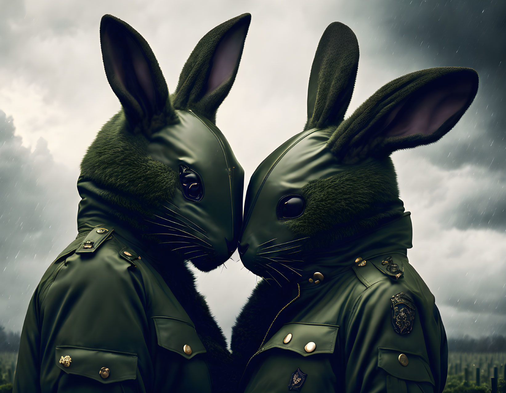 Anthropomorphic rabbits in military attire under overcast sky