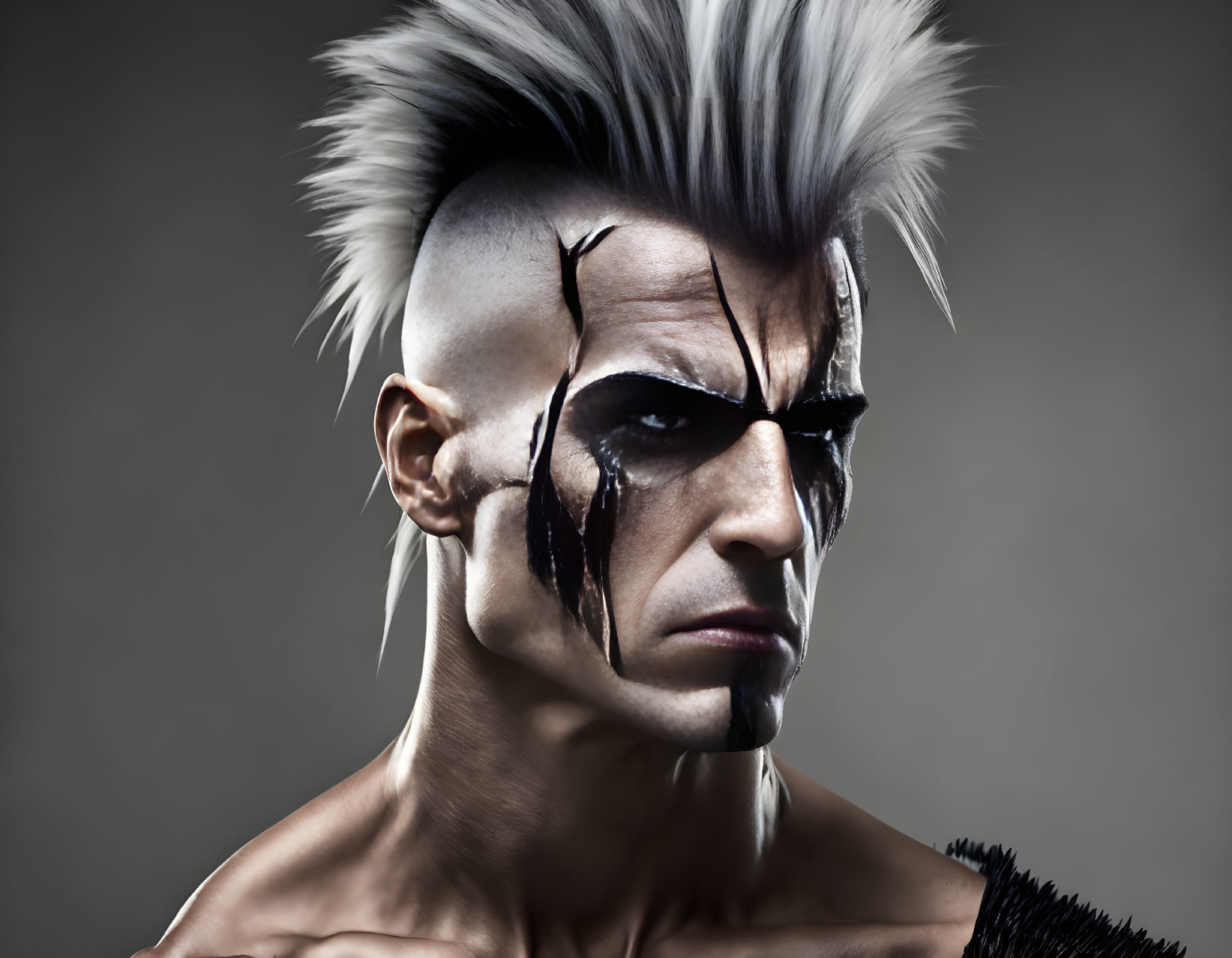 Intense person with mohawk and cracked black eye makeup on grey background