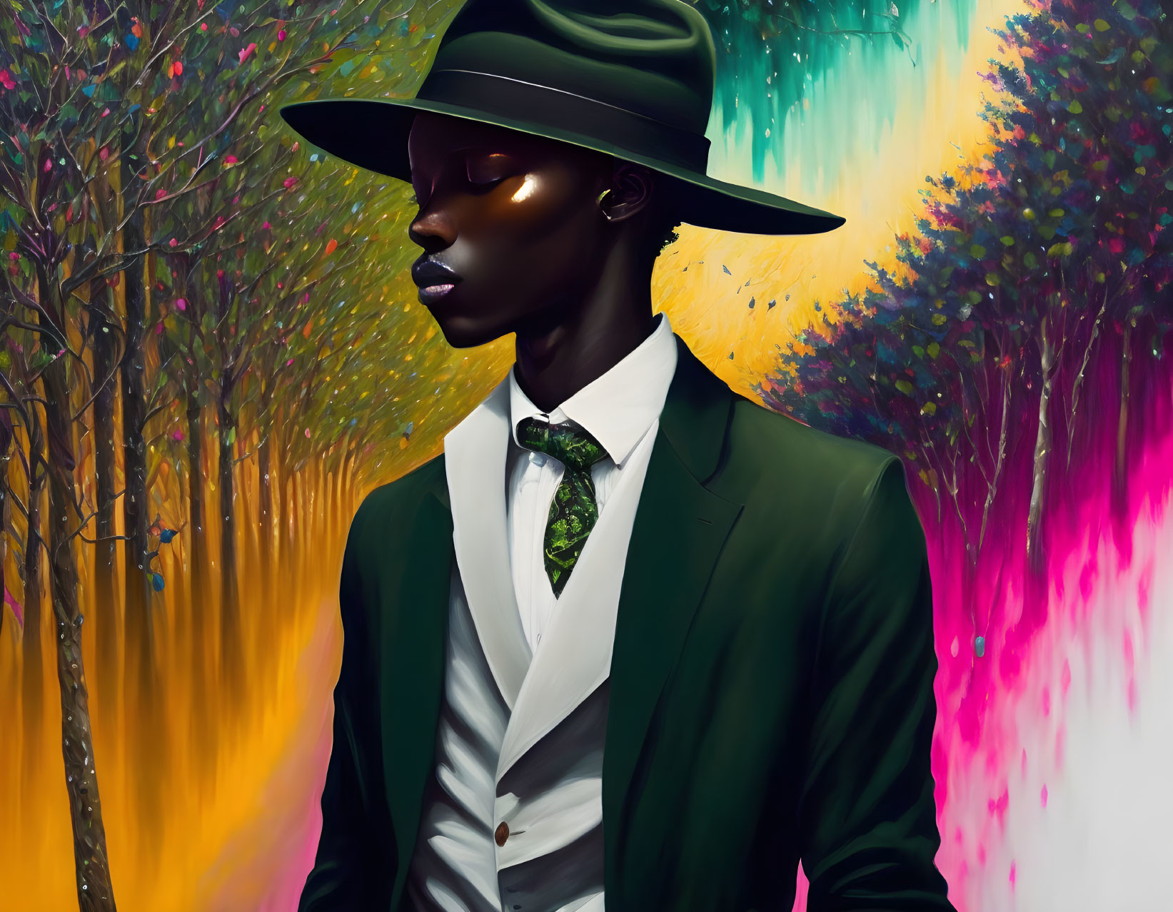 Person in Dark Green Suit with Wide-Brimmed Hat in Forest Setting