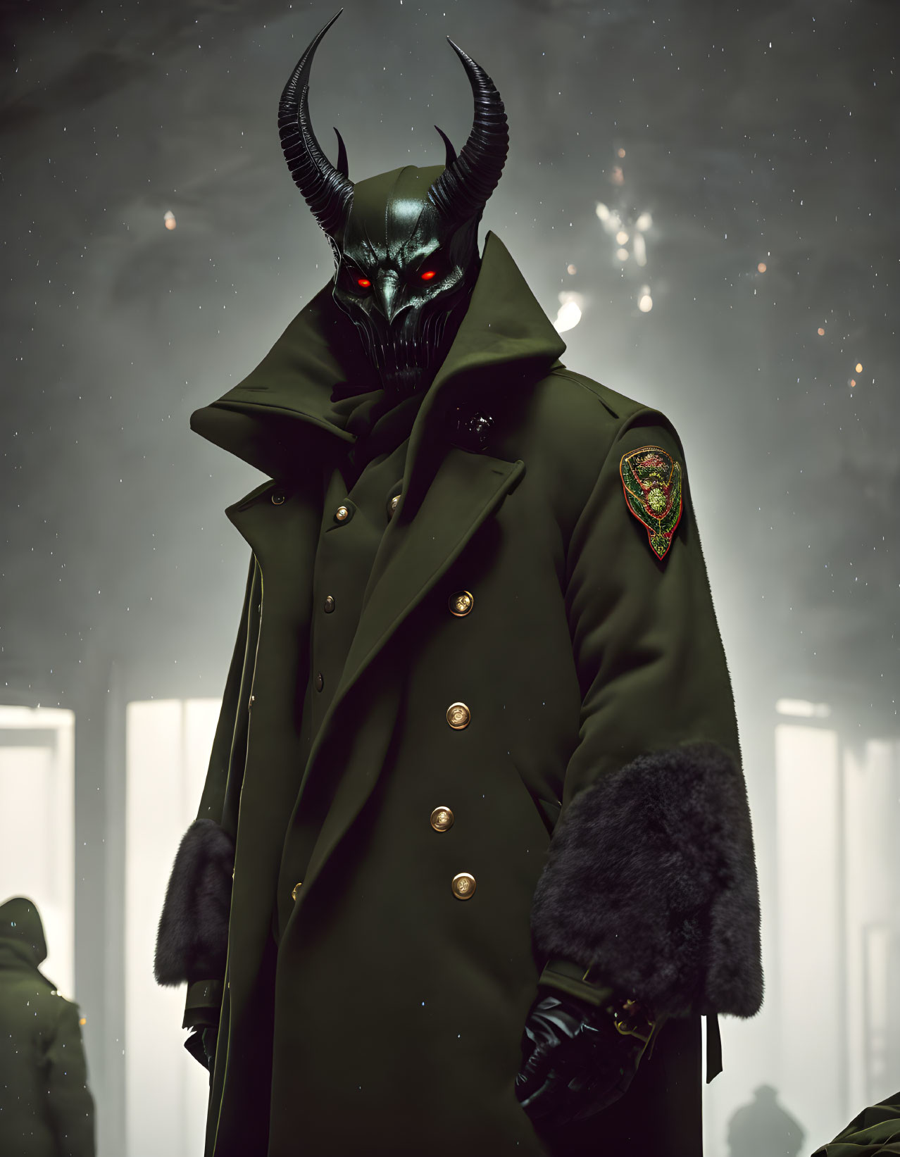 Menacing figure in military-style coat with demonic black mask