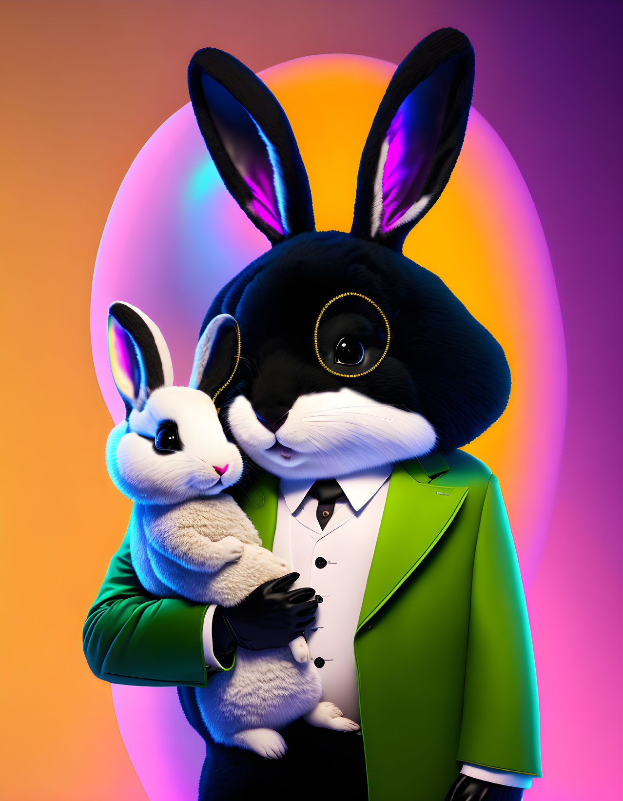 Person in rabbit costume with plush bunny on vibrant orange and purple backdrop