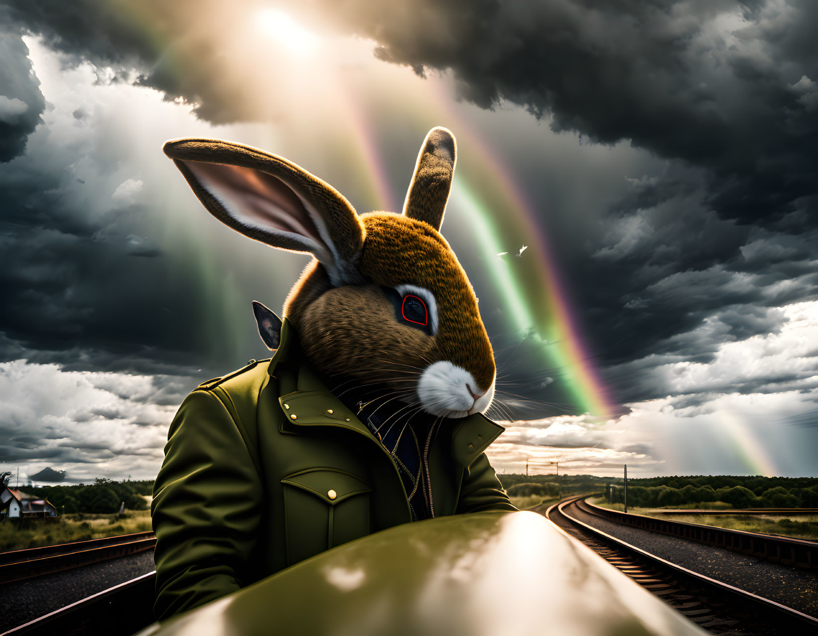 Anthropomorphic rabbit on train tracks under dramatic sky