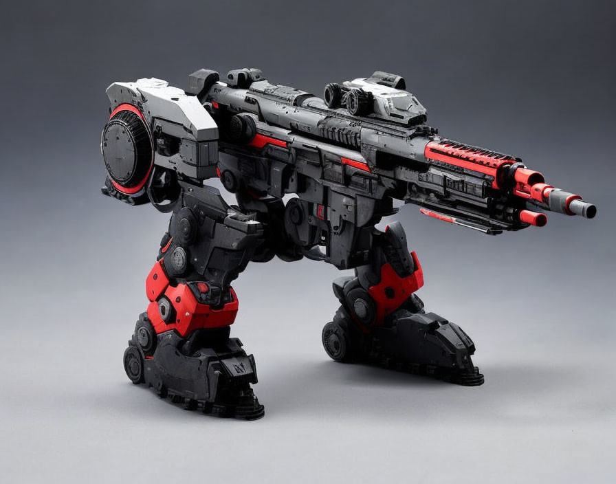 Detailed Futuristic Bipedal Mech Model with Large Cannon - Black, Red, White