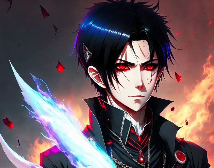 Stylized anime character with black hair and glowing blue sword in fiery setting