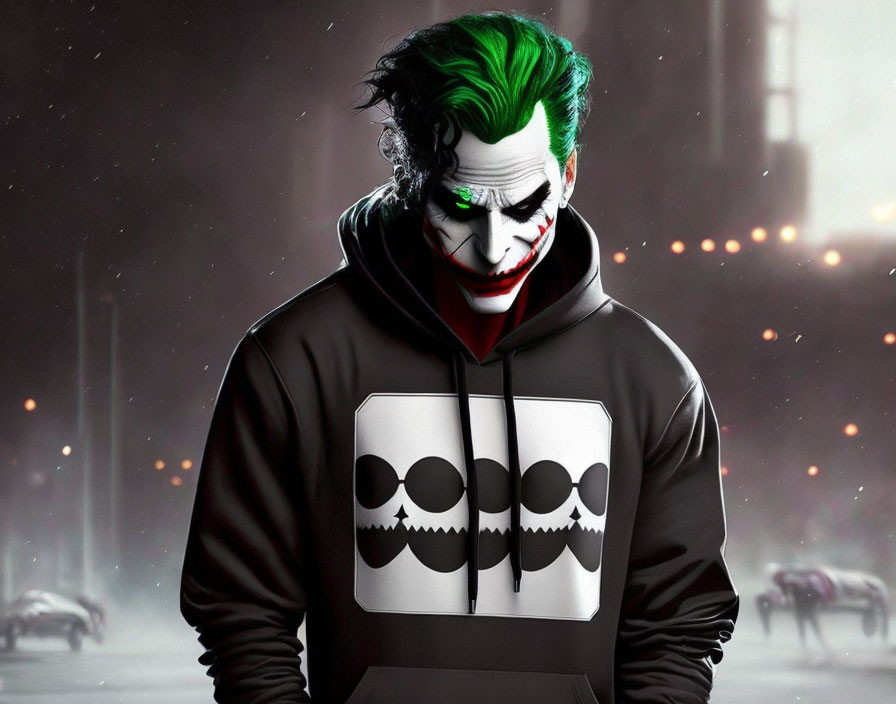 Hooded Sweatshirt with Graphic Design and Joker Makeup in Urban Setting