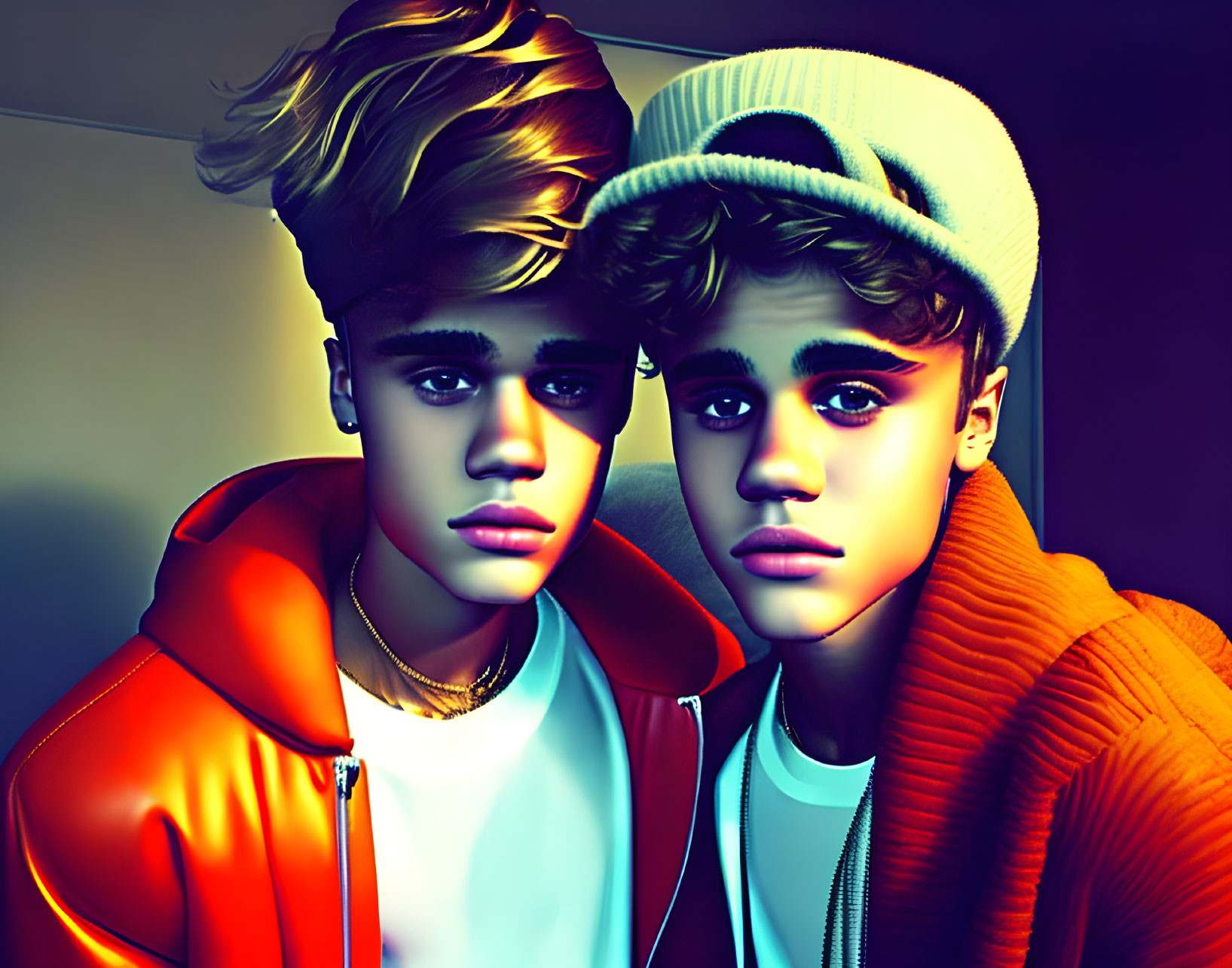 Two male figures with stylish hair and hats in digital artwork.