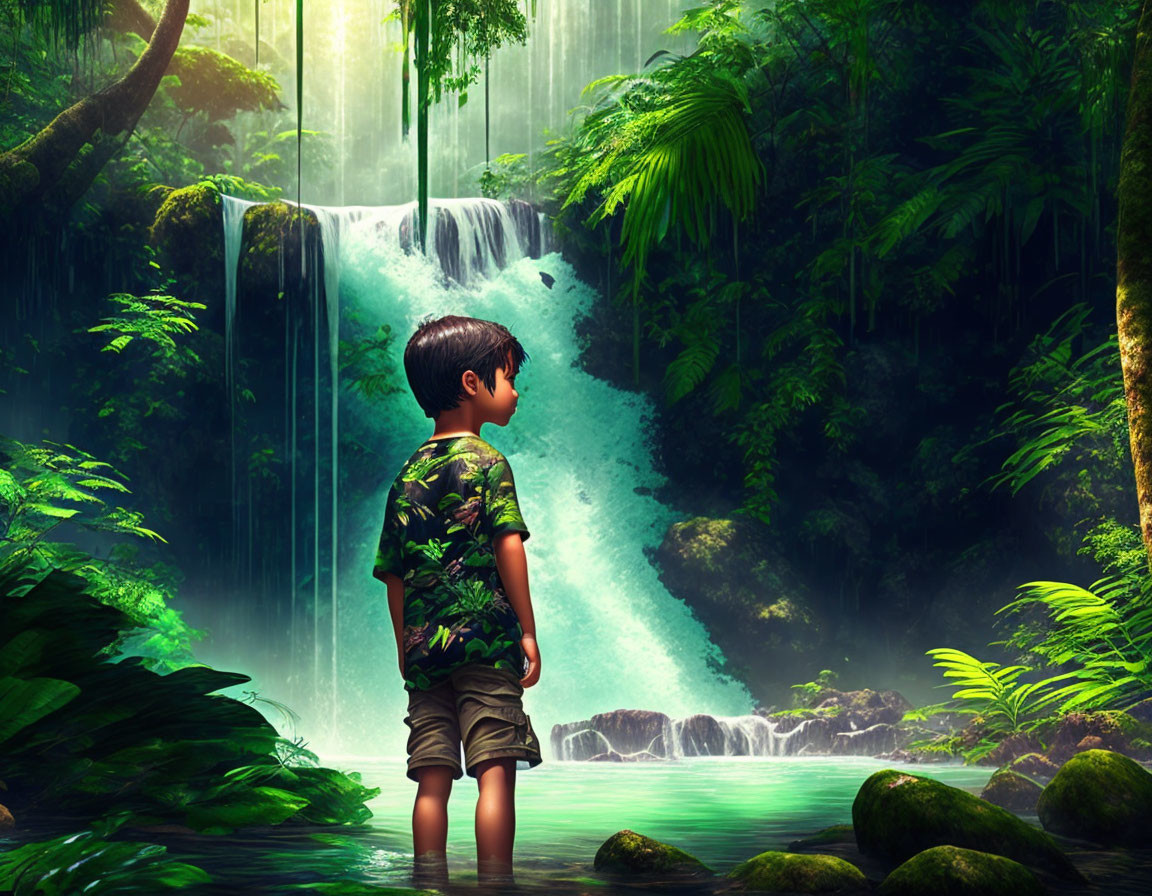 Boy in Camo Shirt Observing Waterfall in Tropical Forest
