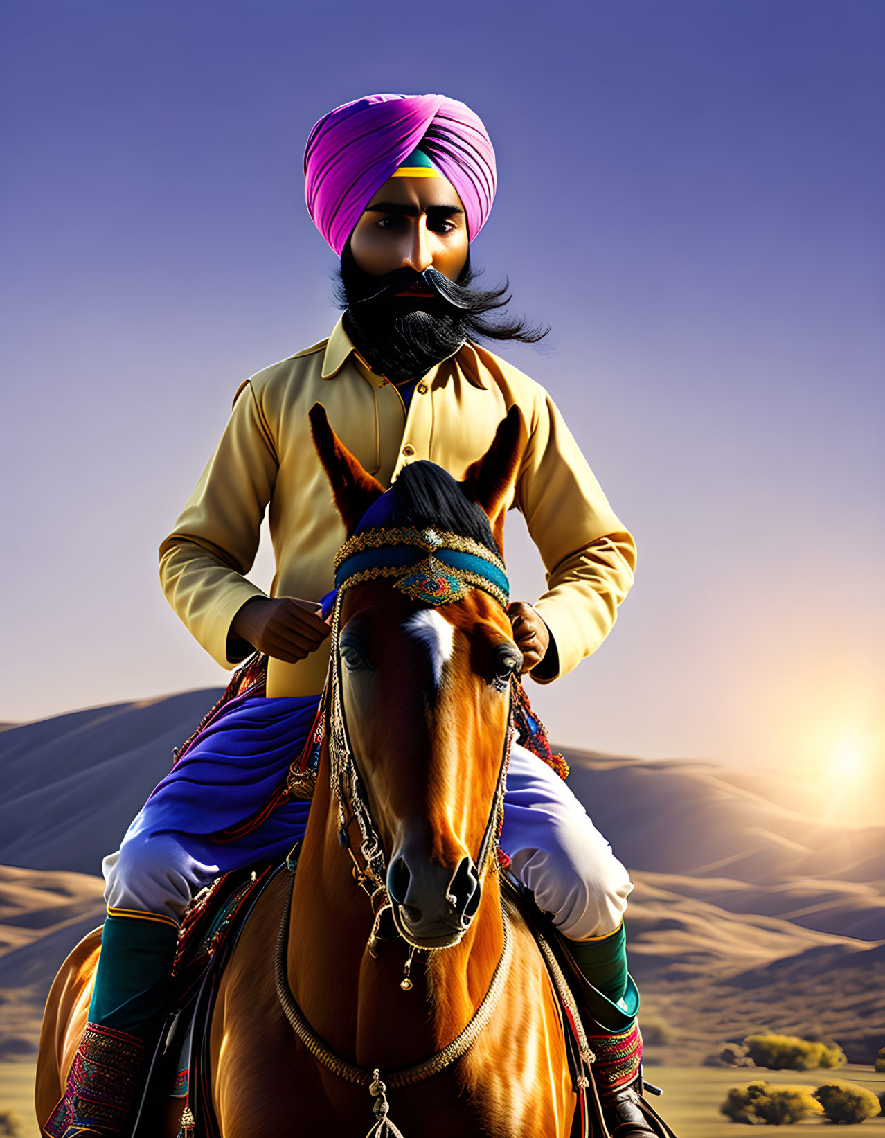 Man in Purple Turban on Decorated Horse at Sunset