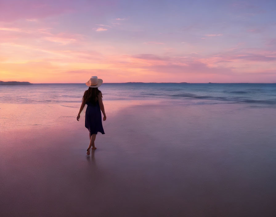 Woman in dress and hat walking on beach at sunset with pink and purple hues