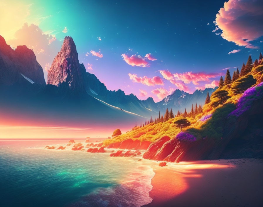 Serene Beach Sunset with Purple Flora and Majestic Mountains