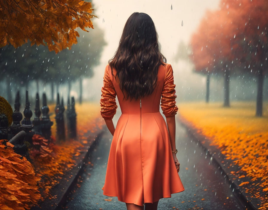 Woman in Orange Dress on Rainy Autumn Pathway with Colorful Trees