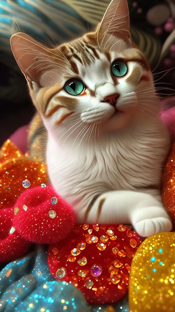 Brown and White Cat with Blue Eyes on Colorful Glittery Fabric