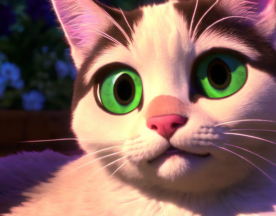 Animated Cat with Big Green Eyes and White Fur in Garden Dusk