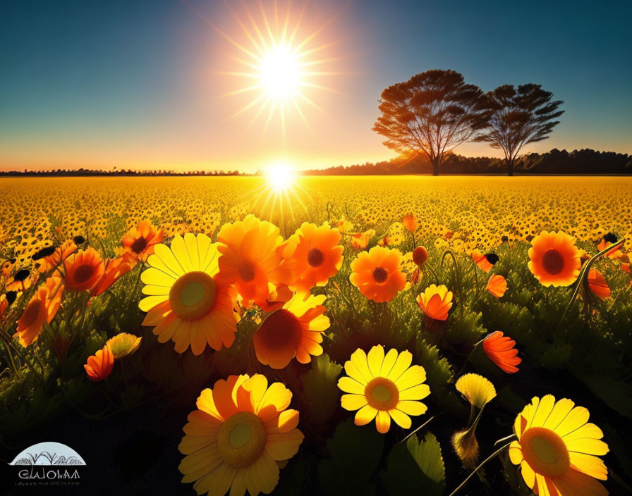 Scenic sunflower field under bright sun and blue sky