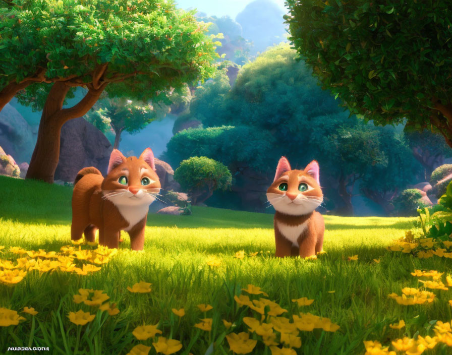 Two animated cats in vibrant meadow with trees and flowers