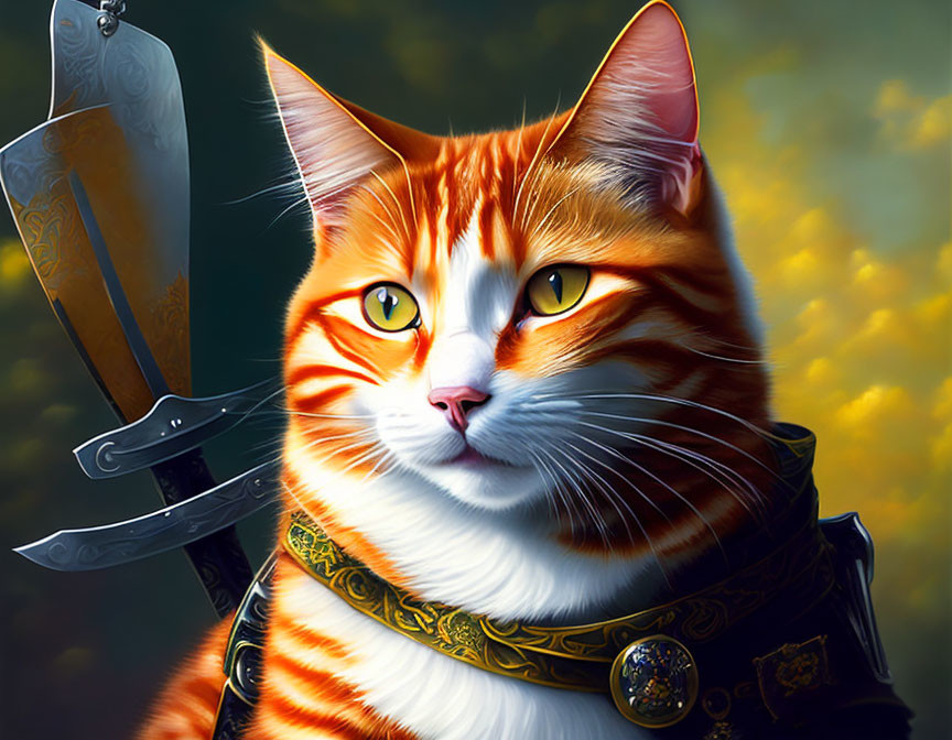 Orange Tabby Cat as Noble Knight with Sword on Golden Background