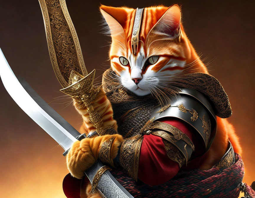 Orange Tabby Cat in Medieval Knight Armor Holding Sword