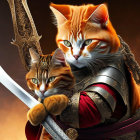 Orange Tabby Cat in Medieval Knight Armor Holding Sword