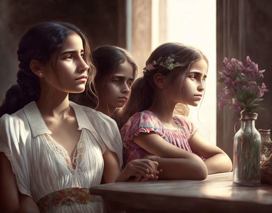 Three girls with contemplative expressions by window with flowers vase.