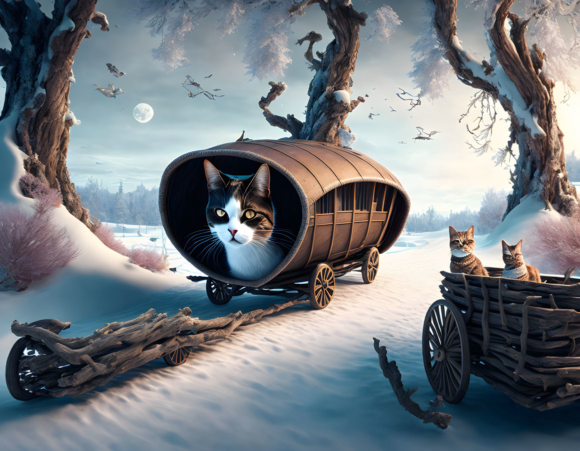 Whimsical winter scene with cat-headed carriage and snowy landscape