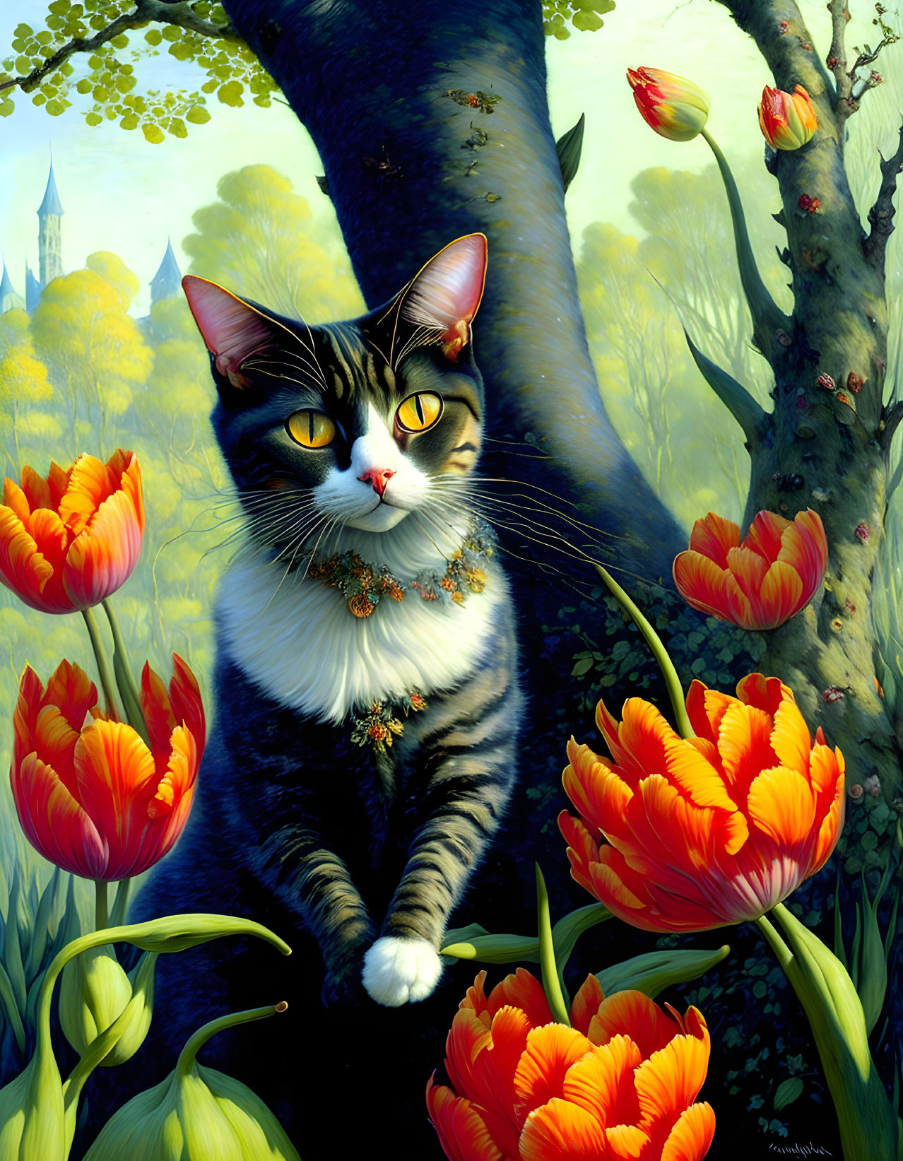 Colorful Cat with Green Eyes Among Orange Tulips and Castle