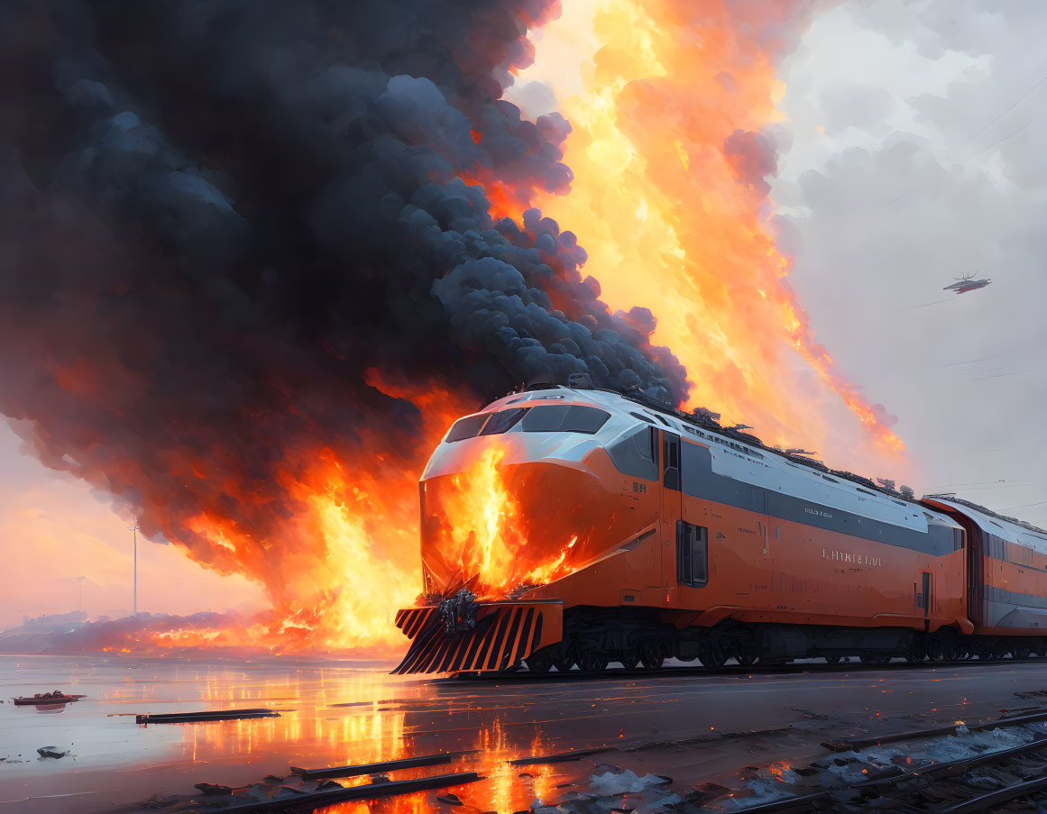 Futuristic train engulfed in flames and smoke with helicopters in chaotic scene