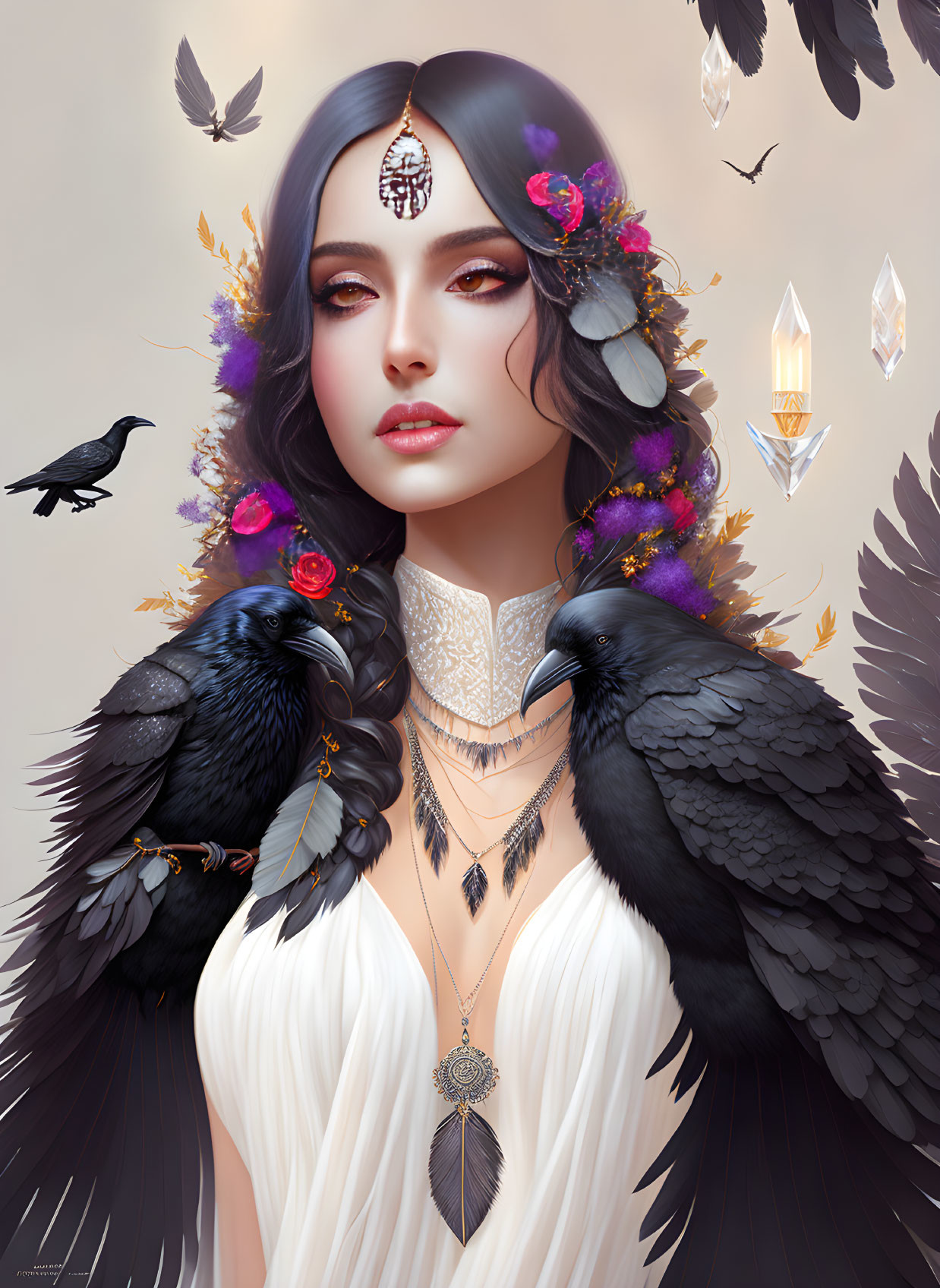 Purple-haired woman with ravens, crystals, and feathers on neutral backdrop