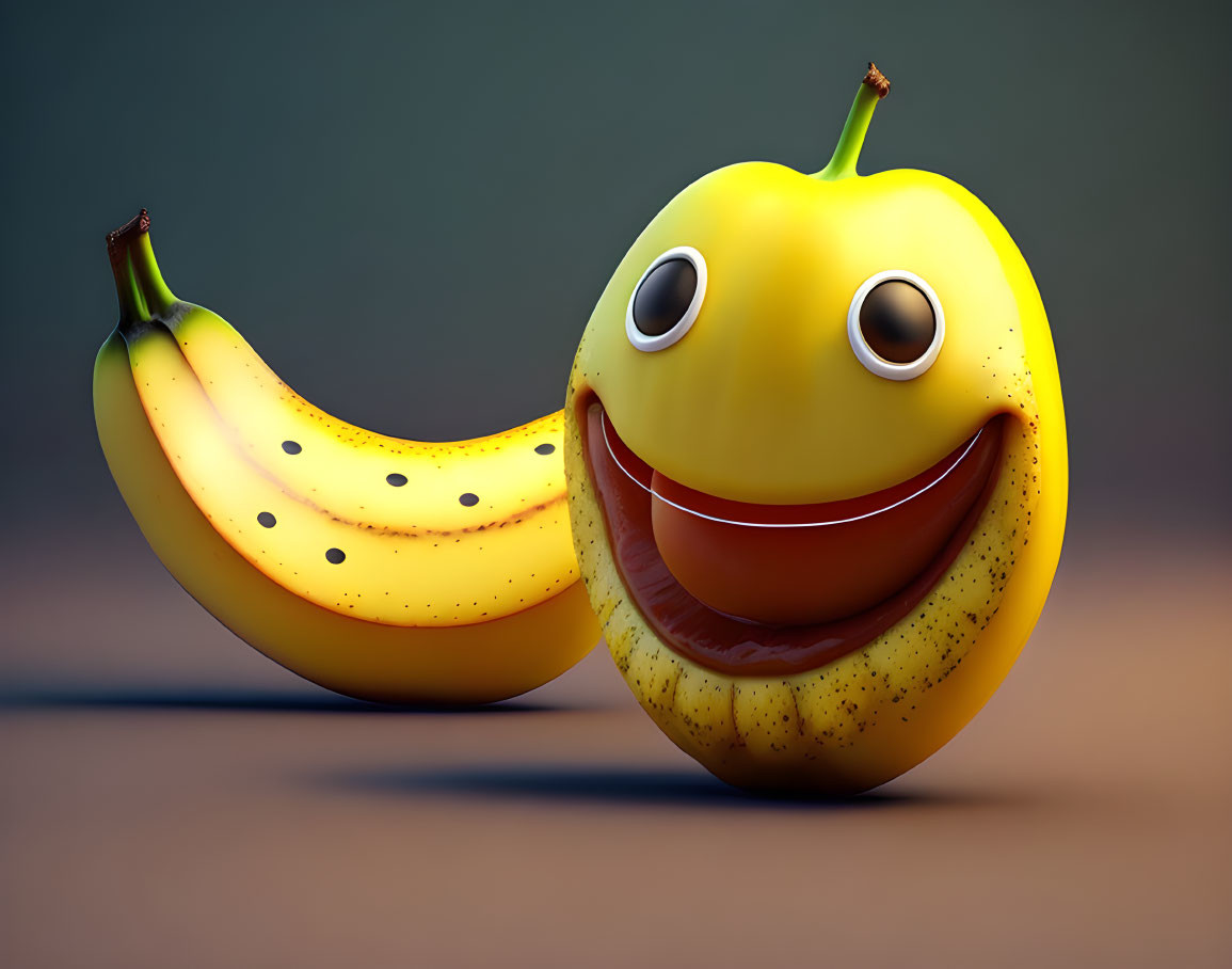 Smiling 3D banana character beside regular banana on neutral backdrop